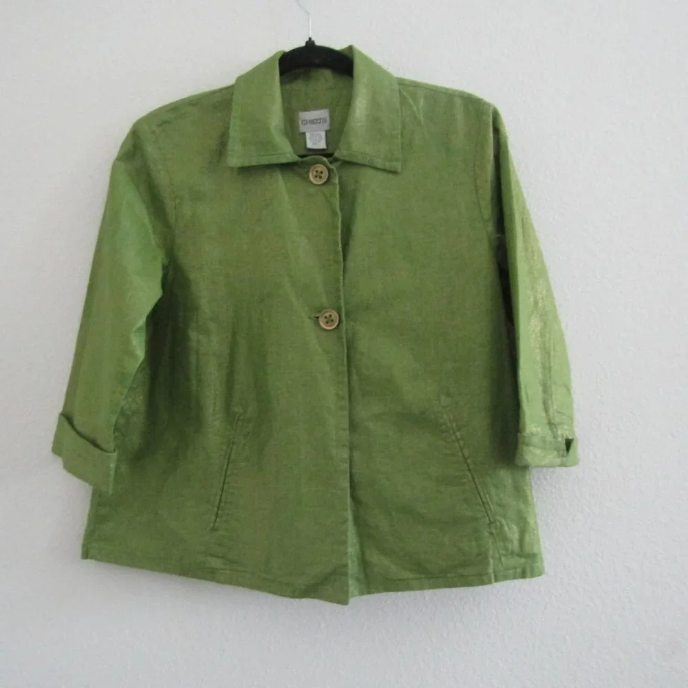 Chico's Linen Blend Jacket 1 Green Shimmer Boho Artsy Coastal Grandma Vintage - Picture 1 of 10